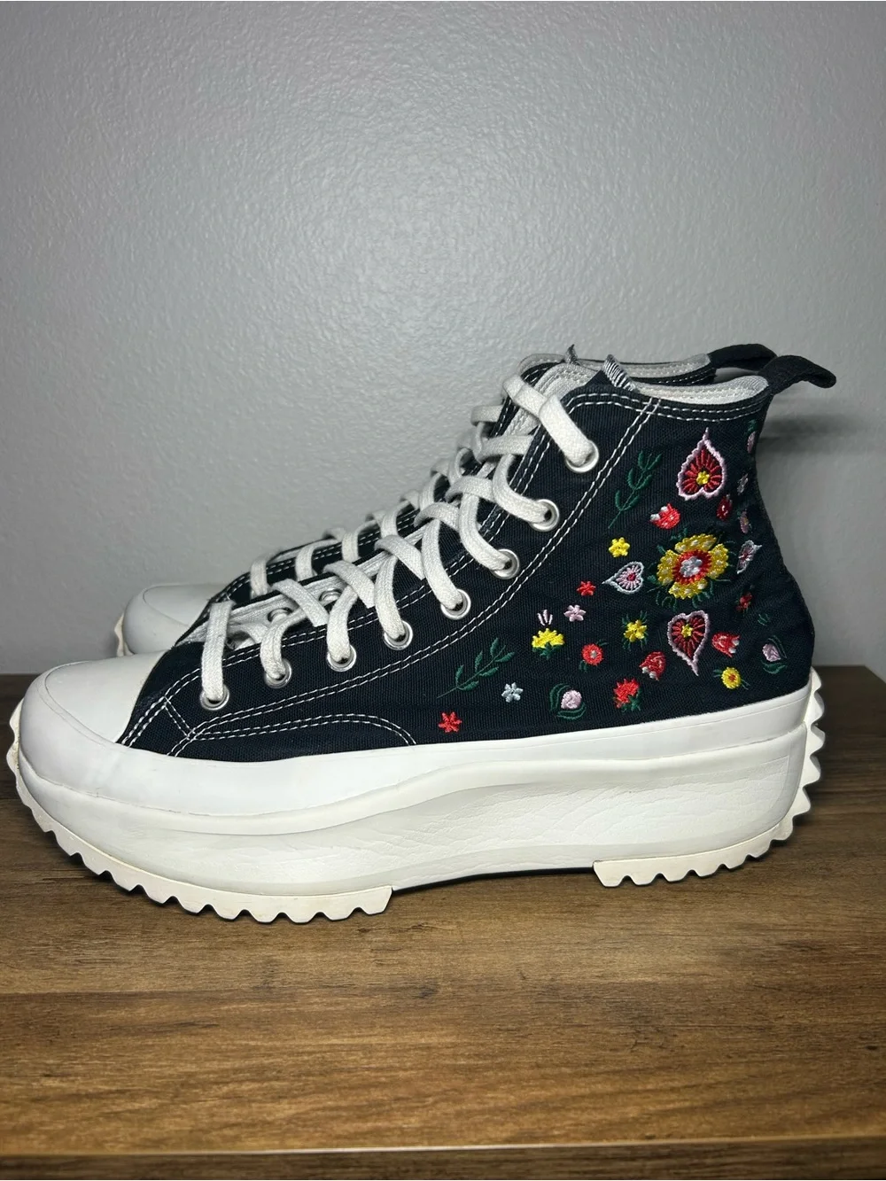 Converse Black High-Top Platform Sneakers with Multicolor Floral Embroidery